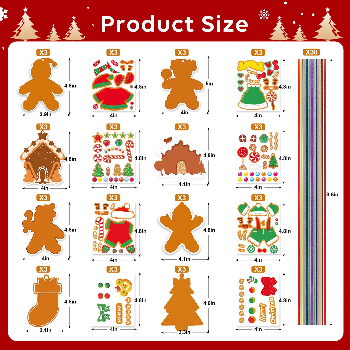 Christmas Ornament Craft Kits for Kids - DIY Gingerbread Christmas Decorations, 24PCS Set with 8 Festive Designs Including Gingerbread Man, Tree, Stocking, Stickers & Strings for Xmas Party Favors