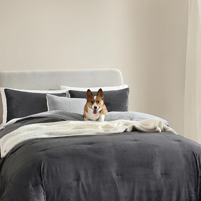 UGG Remina Comforter Set 5 Piece Bed in a Bag with Throw Blanket, Decorative Pillow, Shams, and Reversible Comforter Hypoallergenic Washable Luxury Warm Fluffy Bedding Set, Full/Queen, Charcoal Grey
