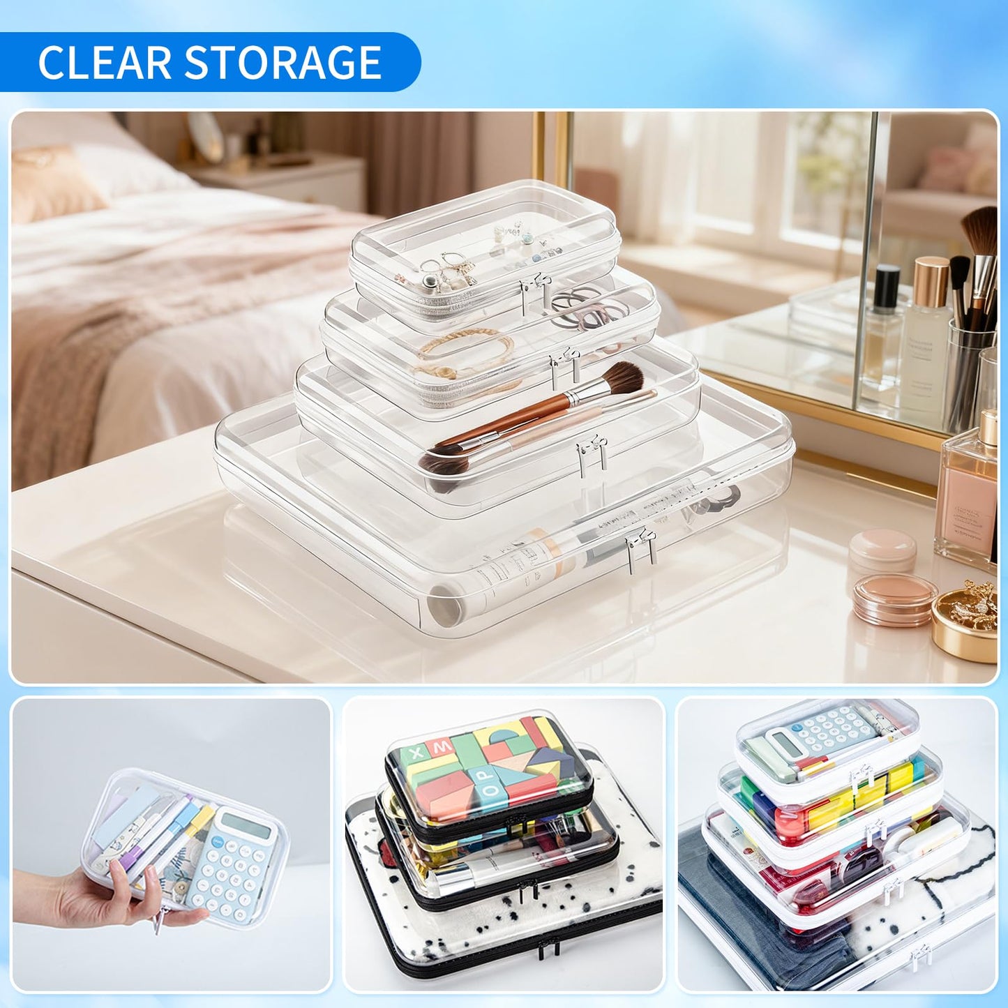 TQXOFDV Clear PET Plastic Storage Boxes with Double Zippers, 4 Sizes (S/M/L/XL) Waterproof Organizer Cases for Toys, Cosmetics, Snacks, Travel Essentials (White)