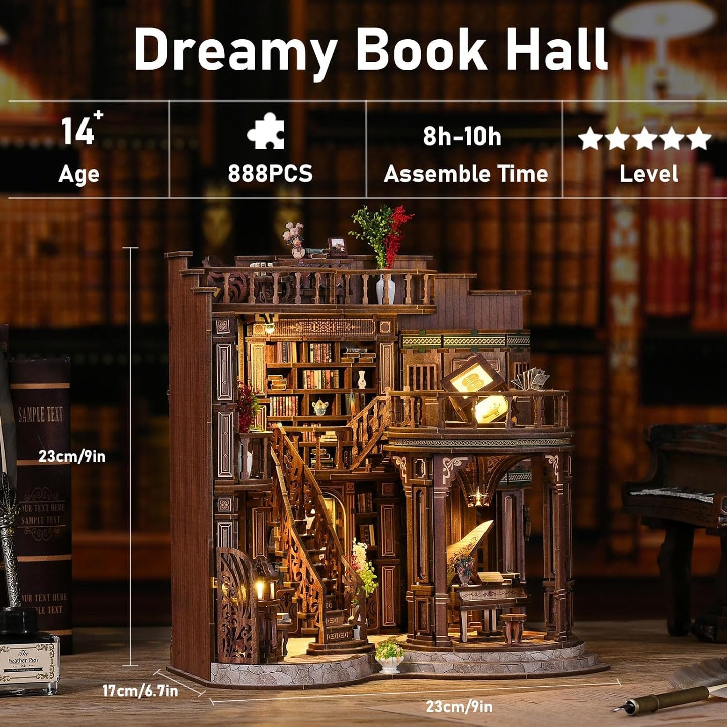 DIY Book Nook Kit, 3D Wooden Puzzle Miniature Booknook Bookend Bookshelf Decor with LED Light,Cherry Blossom Bookstore Bookshelf Insert Booknook, Book Nook Kits for Adults