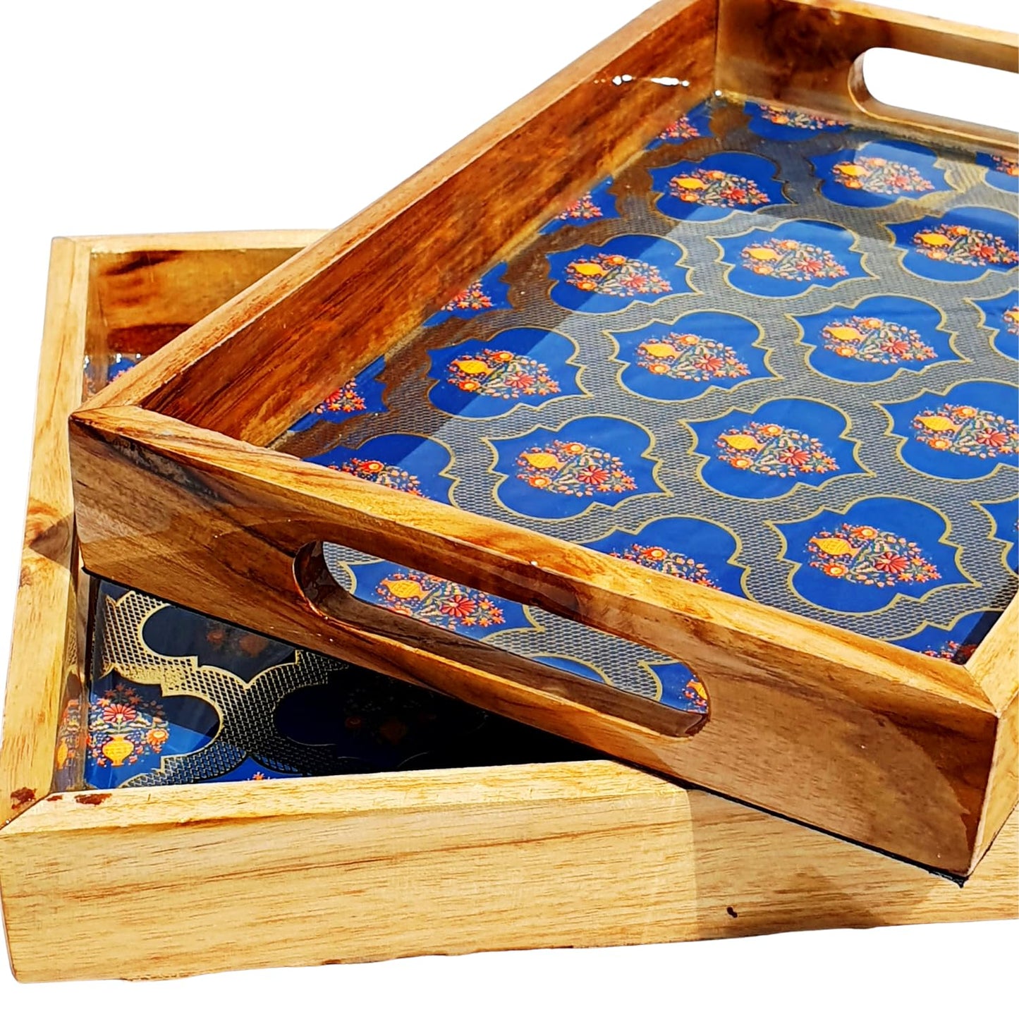 Vetali Export Handcrafted Teakwood Serving Tray Set of 2, Decorative Rectangular Trays with Handles, Breakfast in Bed, Coffee Table, Dinner, BBQ, Snacks, Appetizers, Lap Desk Tray for Couch - Blue