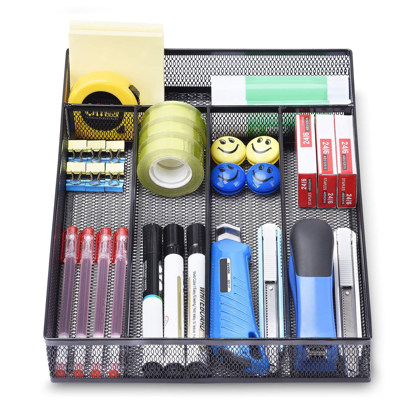 WuGeShop Office Desk Drawer Organizer, 5 Compartments Mesh Drawer Organizer Tray for Storage Art Supplies, Stationery, Black