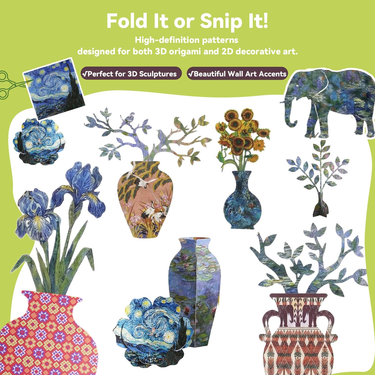 JoyCat Origami Papers, 6x6 Inches - 200 Sheets Premium Origami Paper Kit – Double Sided Patterned Paper (4-Theme Mega Pack) – Van Gogh & Monet Art, Ethnic Designs