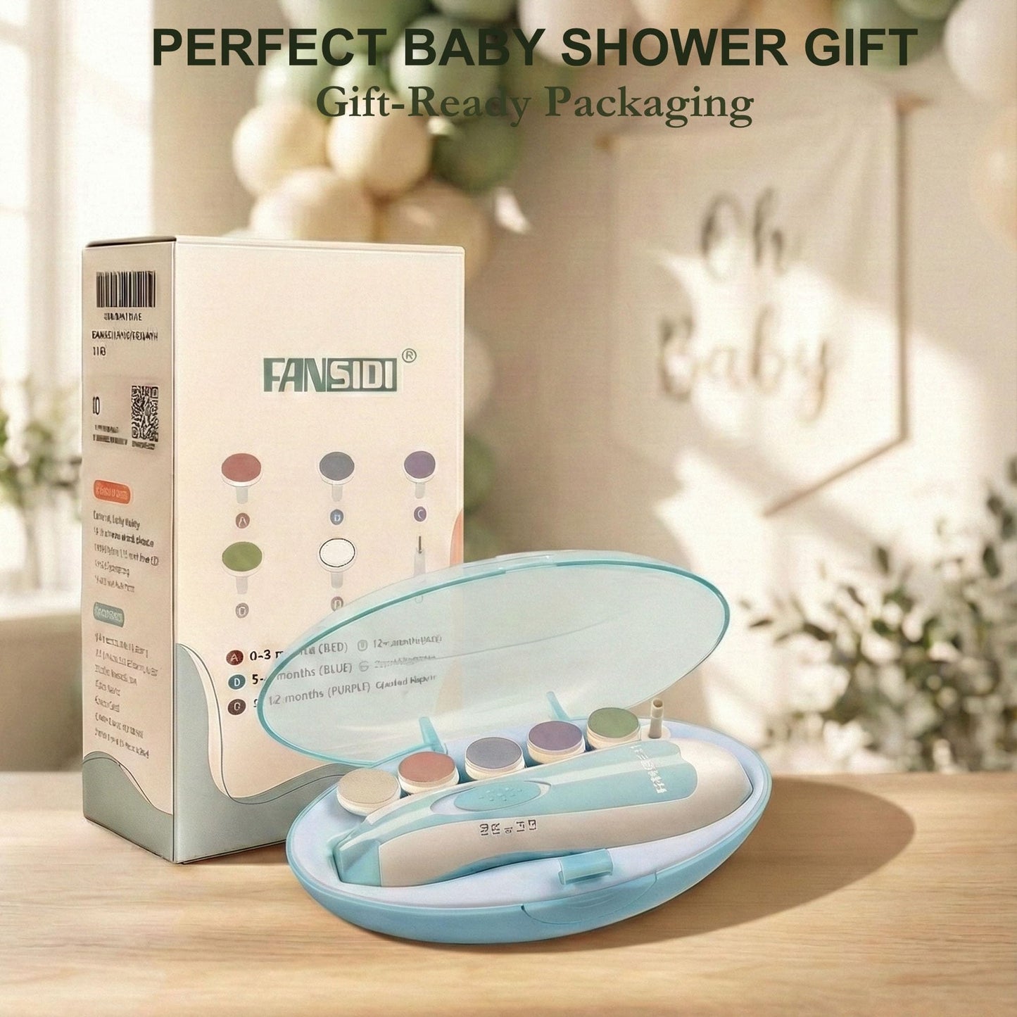 Fansidi Baby Nail Trimmer Electric, Easy & Safe Nail File for Newborn Infant Toddler, Whisper-Quiet Nighttime Use, 4-Stage Age-Matched Grinding Heads, LED Light, 18-Piece Kit, Blue, Baby Shower Gift
