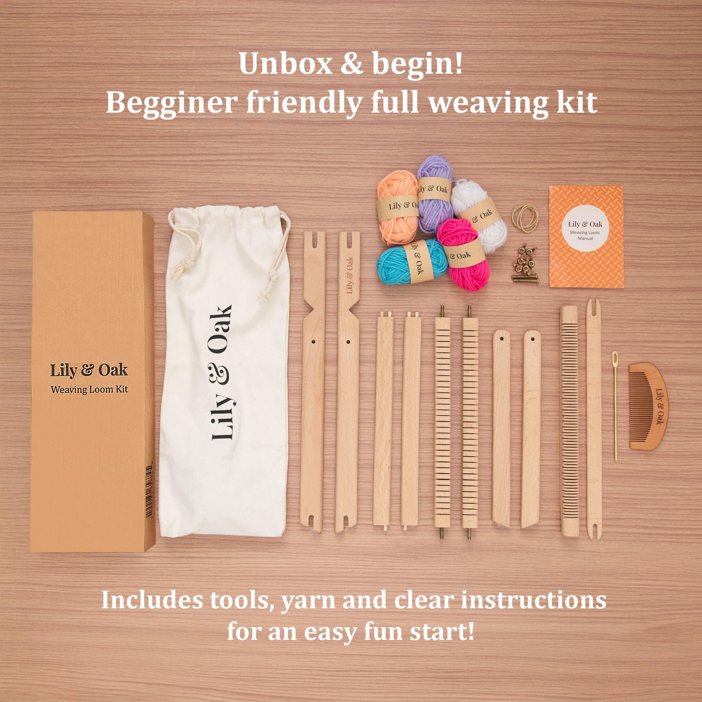 Lily & Oak Weaving Loom for Adults & Kids - Weaving Loom Kit | Beginner-Friendly Table Loom & Lap Loom with Yarn, Tools & Instructions | Wooden Loom for Multicraft Projects (15.8 x 11.8 inches)