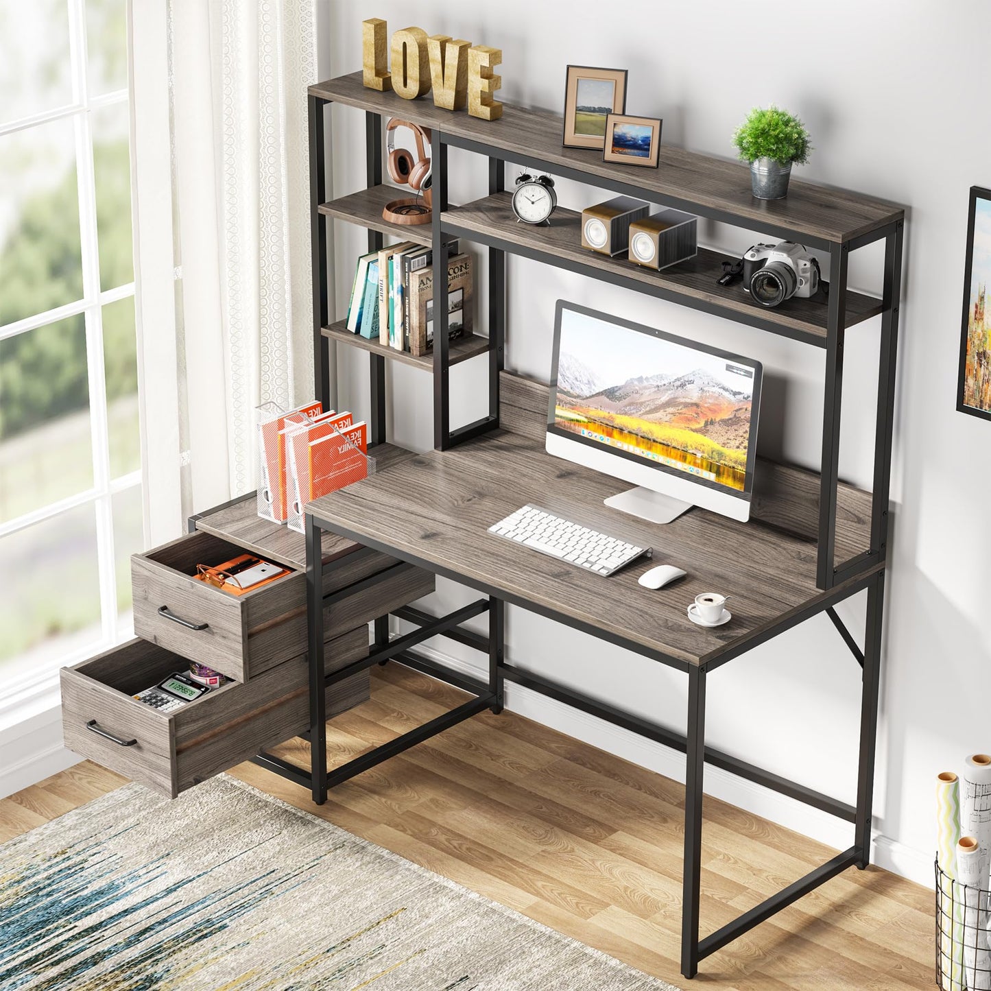 Tribesigns 55 Inch Computer Desk with 2 Drawers and Storage Shelves, Rustic Office Desk with Hutch, Study Writing Gaming Table Laptop Workstation for Home Office (Grey)