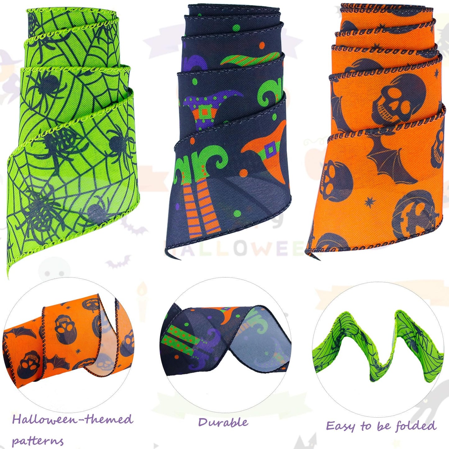 3 Rolls 15 Yards Halloween Wired Edge Ribbon - Bat Skull Pumpkin Halloween Decorative Spider Web Printed Wrapping Ribbon for Party Wreath DIY Craft Floral Bow