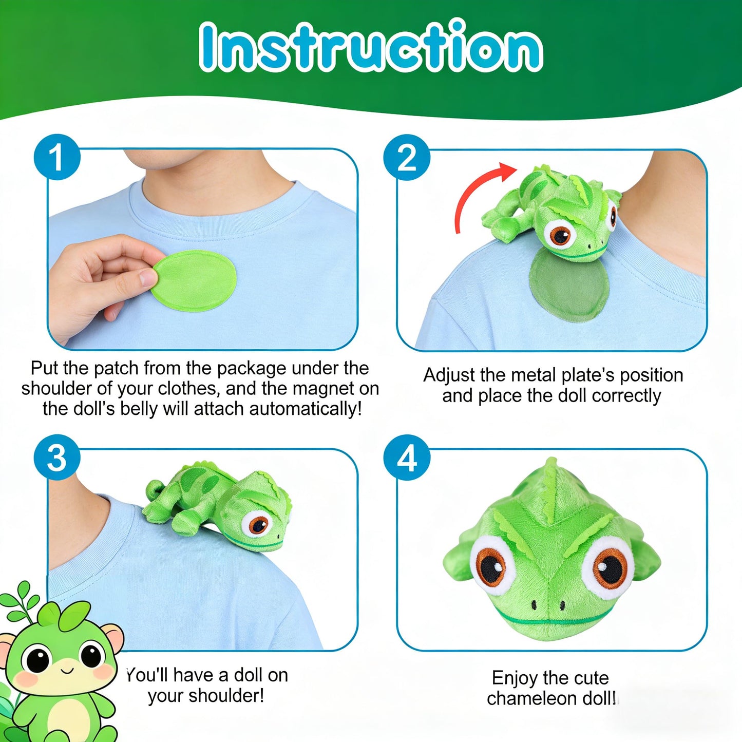 BOKIRZOS Magnetic Shoulder Chameleon Plush Toy, Soft Lizard Stuffed Animal Cosplay Accessory for Kids Teens Adults, Includes Key Ring