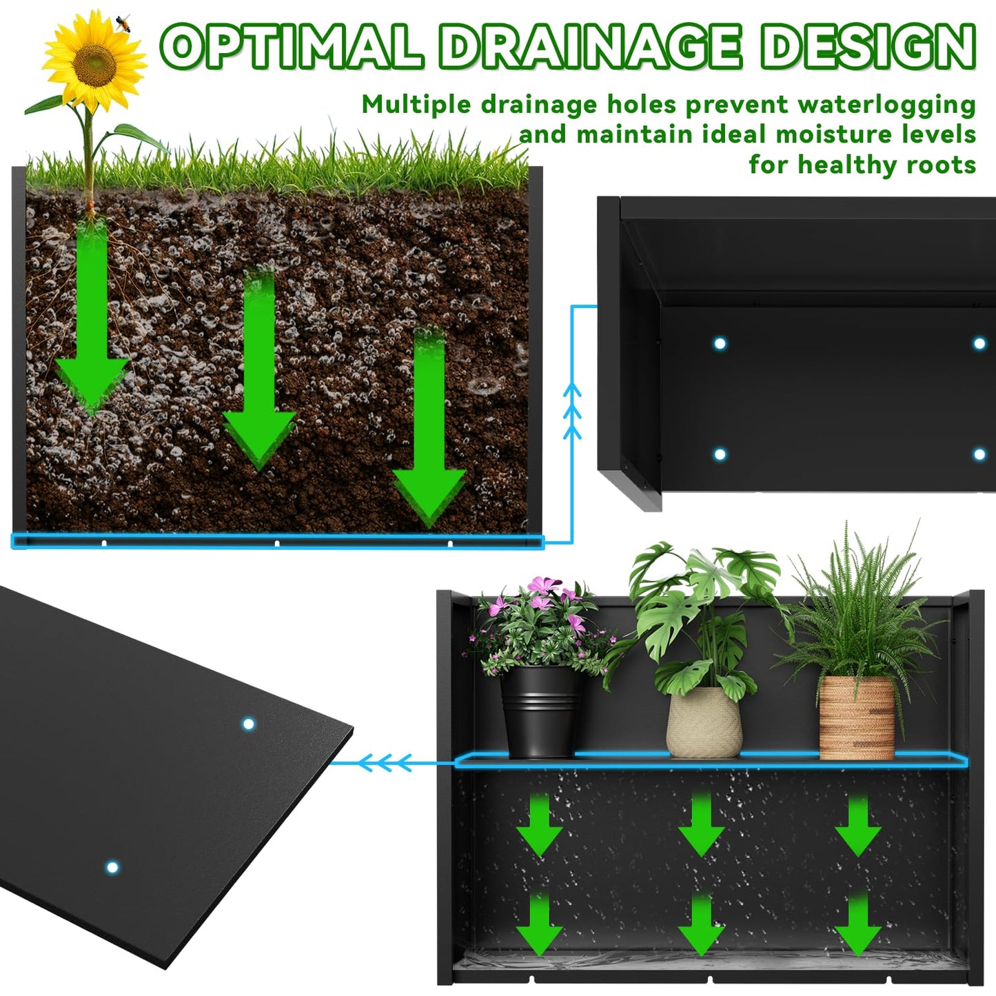 NUWJBYE Tall Metal Planter Box, 36" L x 12" W x 26" H Large Outdoor Planters with Drainage & Adjustable Shelf, Heavy Duty Steel Rectangular Planter for Patio, Balcony, Indoor(Black)