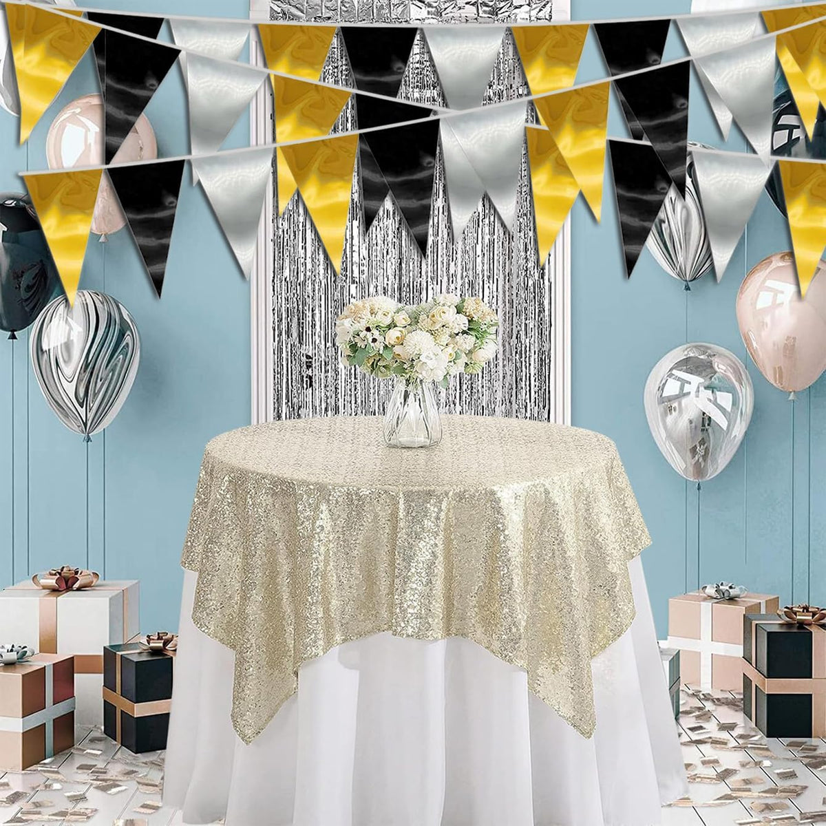 20M/65FT Black Gold Silver Triangle Pennant Banner Flag Metallic Fabric Bunting Garland for Christmas Wall Hanging,Graduation Decorations, New Years Decorations,Father' Da