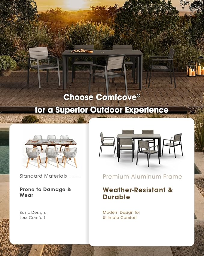Outdoor Patio Dining Table, HDPS & Aluminum Outdoor Table with Umbrella Hole, All-Weather for Deck, Garden, Lawn, Backyard, Poolside (Classic Gray)