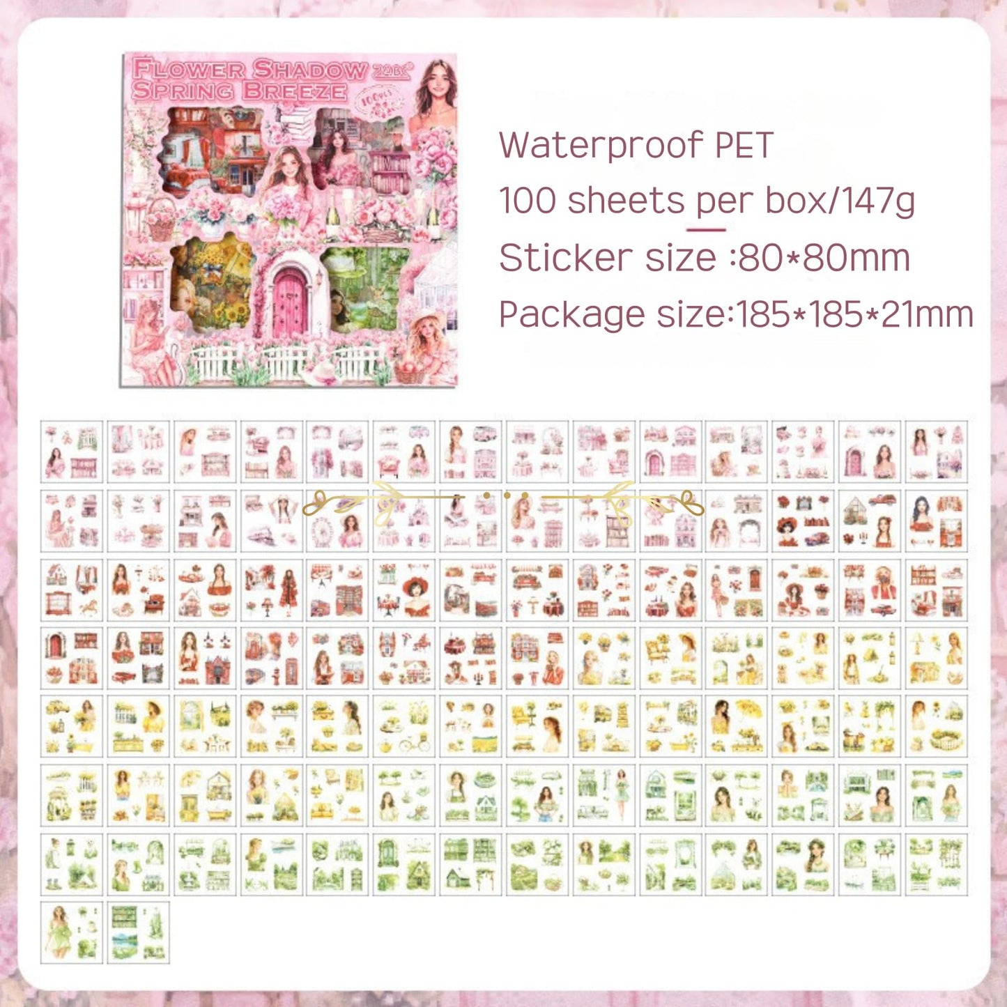 Cullevo 600PCS Spring Floral Scrapbook Stickers – Flower Shadow Spring Breeze Edition with Characters, Junk Journal Supplies + 28PCS Retro Background Paper & A6 Kraft Notebook