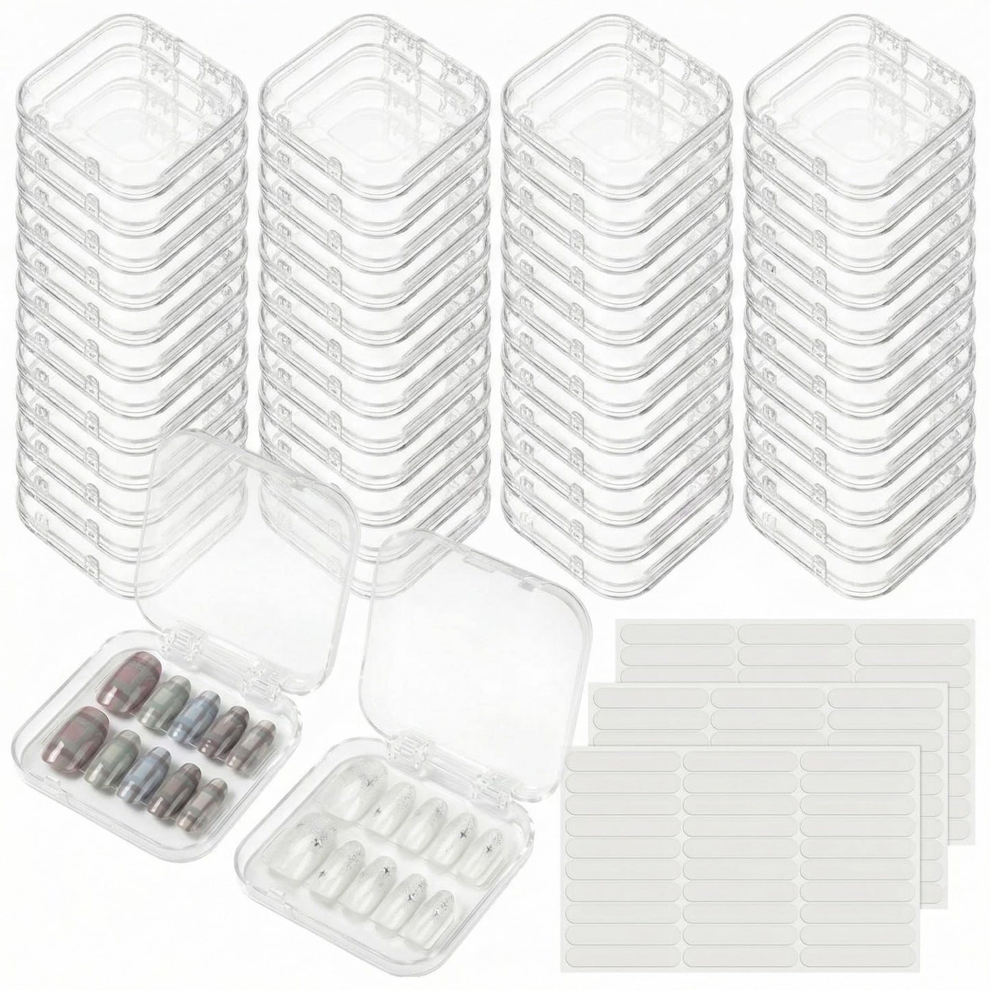 AceOrbit Press on Nail Boxes with 180 Pcs Adhesive Double Sided Tape Acrylic Press on Nail Packaging Cases Transparent Storage Case Organizer for Display Art Salon Supplies(Clear,48 Pcs)