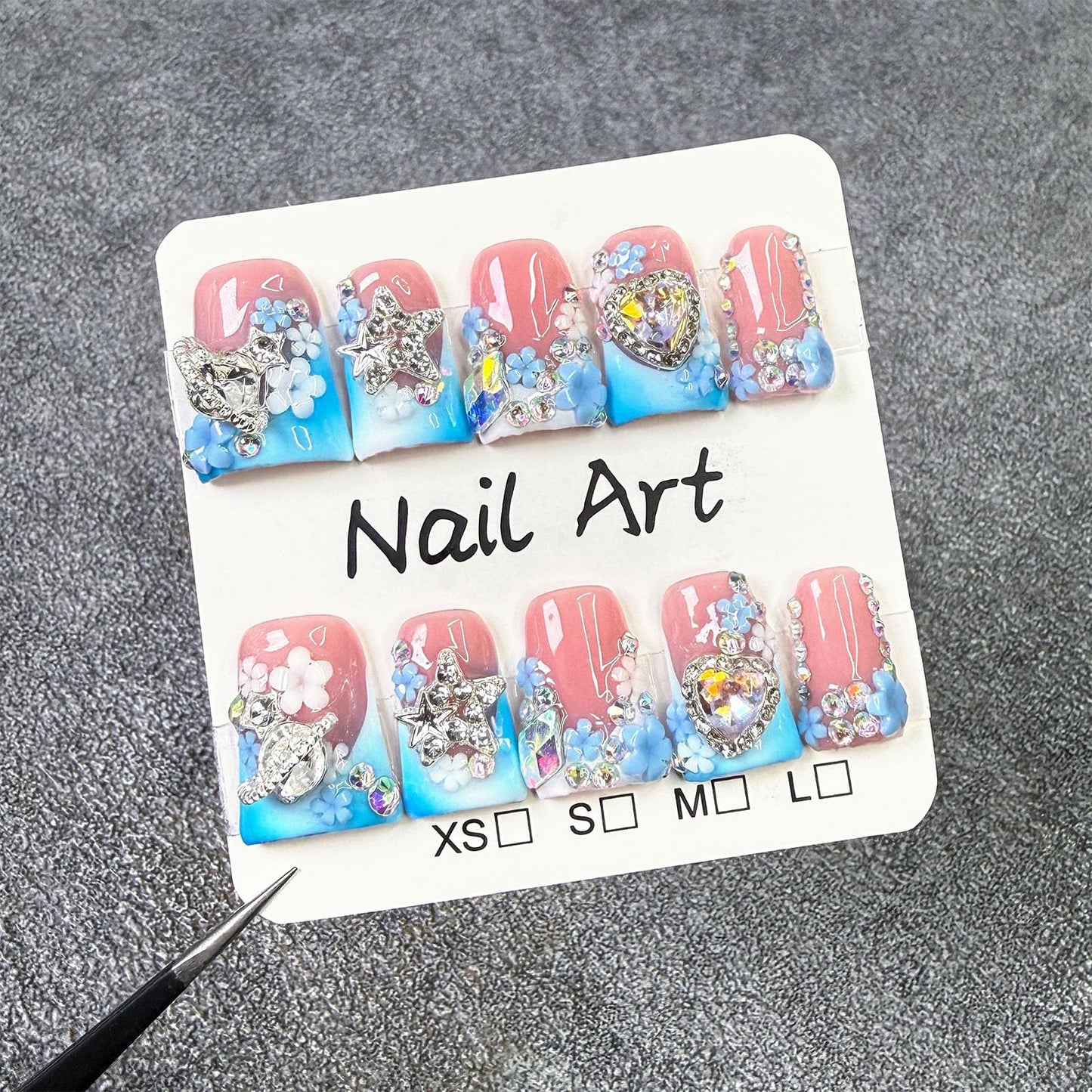 10 Pcs Handmade Acrylic Press on Nails Short Duck Fake Nails with Design 3D Flower Rhinestone Charm Glue on False Nails Blue White French Tip Artificial Handmade Nails for Women - Size M