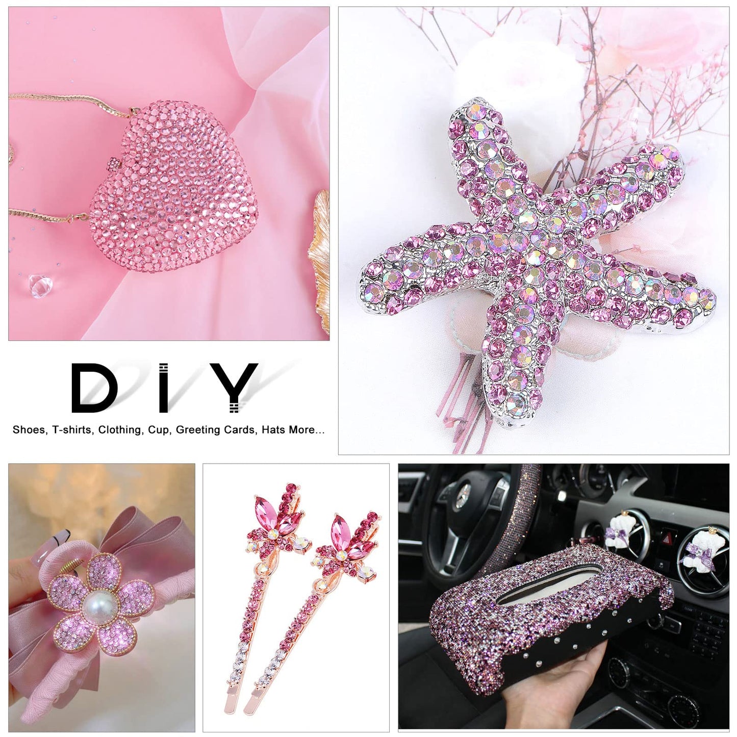 3792pcs Pink Crystal Flatback Rhinestones Glass Diamantes Round Gems for Crafts Nail, Makeup, Clothes, Mixed 6 Sizes with Wax Pencil and Tweezer Kit(SS6~SS20)