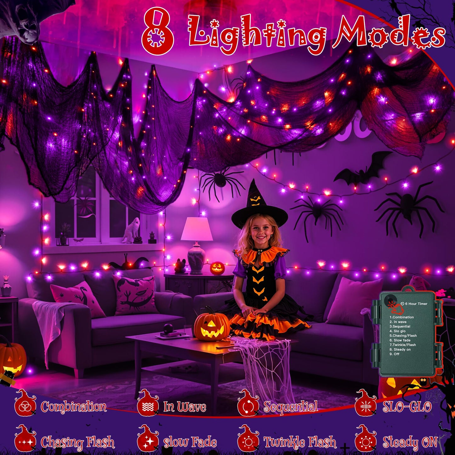 Ollny Halloween Lights 100LED 33FT, Orange and Purple String Lights with Creepy Cloth(197 x 63 in), Battery Operated Fairy Lights with 8 Lighting Modes Timer for Outdoor Party Yard Decor