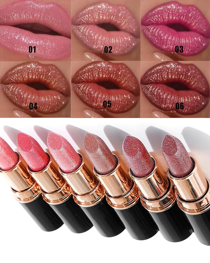 Metallic Glitter Lipstick Set Long Lasting,3 Pcs Diamond Shimmer Lip Gloss Nude Pink Rose Pink Red Matte Lip Stick for Women,Sparkling Shiny Transfer Proof Non Stick Tinted Lip Balm Color Makeup-Set B