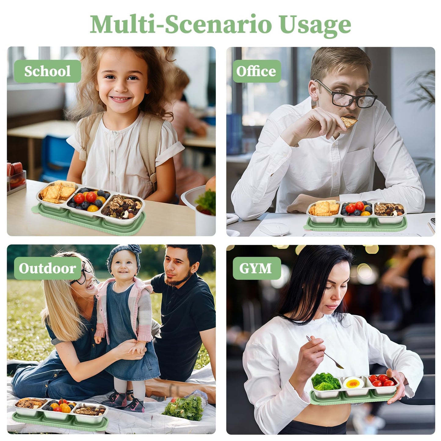 suhunide ﻿ 3 Compartment Stainless Steel Snack Containers ，Reusable Snackle Box Container with Leakproof Lids Metal Bento Lunch Boxs Food Storage Containers for Travel Picnics Office