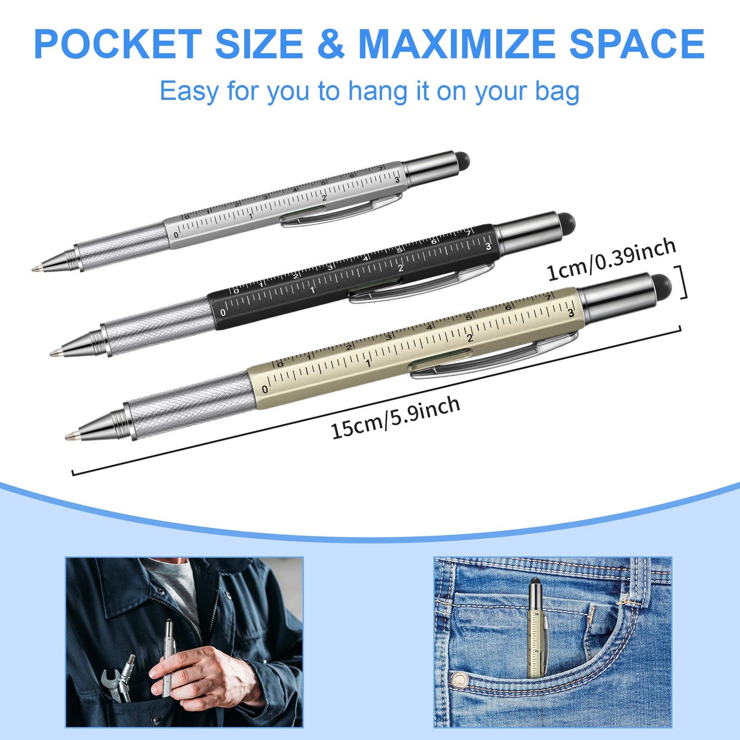 Honoson 30 Pcs Tool Pen for Men Gift 6-in-1 Multitool Tech Tool Pen with Ruler, Level Gauge, Ballpoint, Stylus, Screwdriver and Slotted Screwdriver Multifunction Gift for Him Dad Father Day