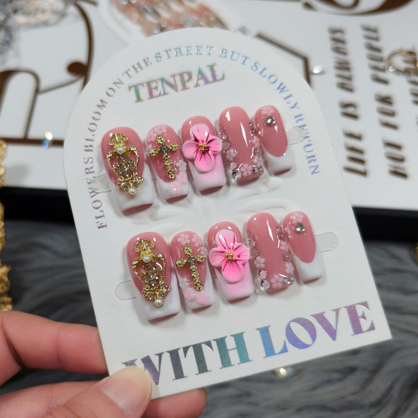 TENPAL Squoval Press on Nails Medium - White French Tips with 3D Cross & Floral Lace, Reusable & Handmade False Nails for Edgy Everyday Wear | Sweet Gothic Style(M)