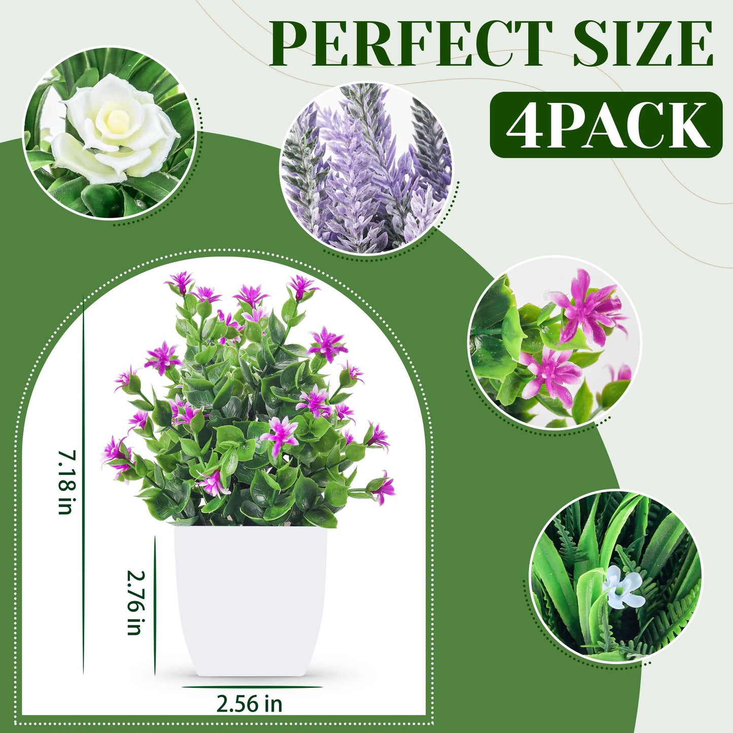 Der Rose 4 Pack Fake Plants Small Artificial Potted Faux Plants with Flowers for Home Bathroom Living Room Office Decor Indoor