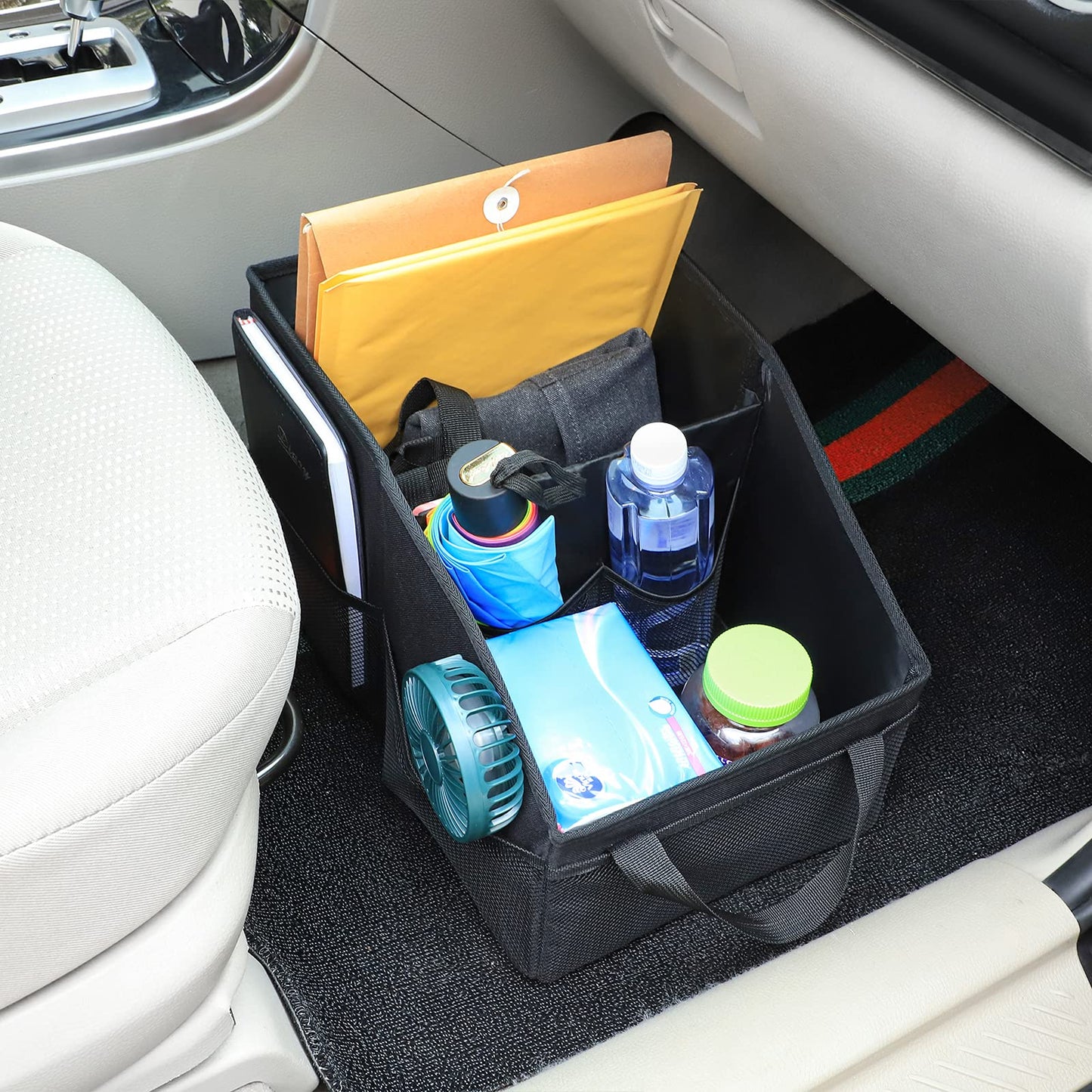 INFIVITA Car Organizer - Automotive Organizer for Front And Back Seat or Floor, Car Caddy Organizer with Divide, Handles and Multiple Mesh Pockets