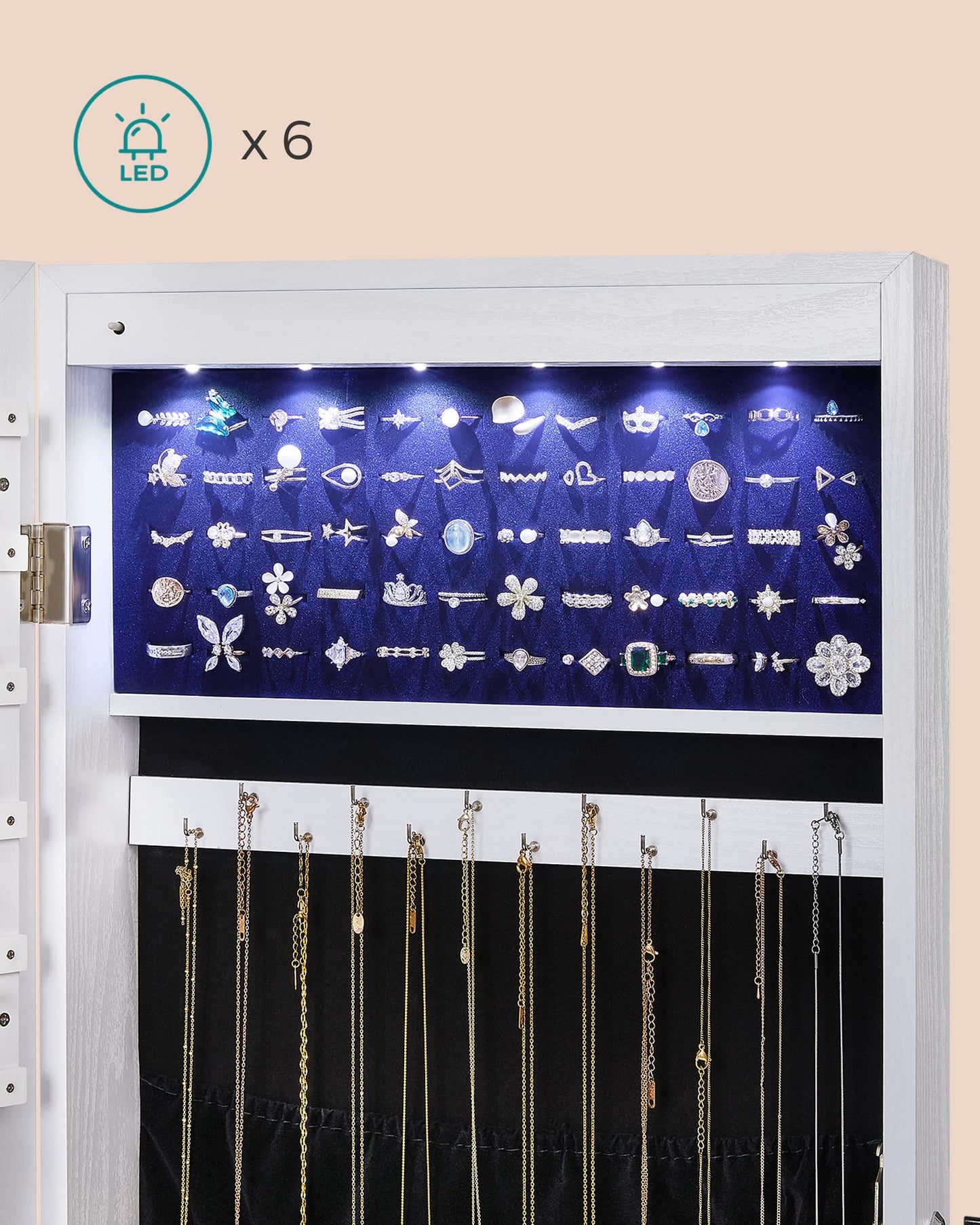 SONGMICS Hanging Jewelry Cabinet, Wall-Mounted Cabinet with LED Interior Lights, Door-Mounted Jewelry Organizer, Full-Length Mirror, Gift Idea, White UJJC99WT