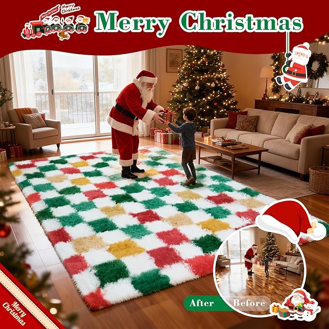Checkered Area Rug 5x8 for Bedroom Living Room, Christmas Shag Rug Fuzzy Shaggy Bedside Carpet, Indoor Plush Floor Rugs for Kids Boys Girls Room Holiday Home Decor