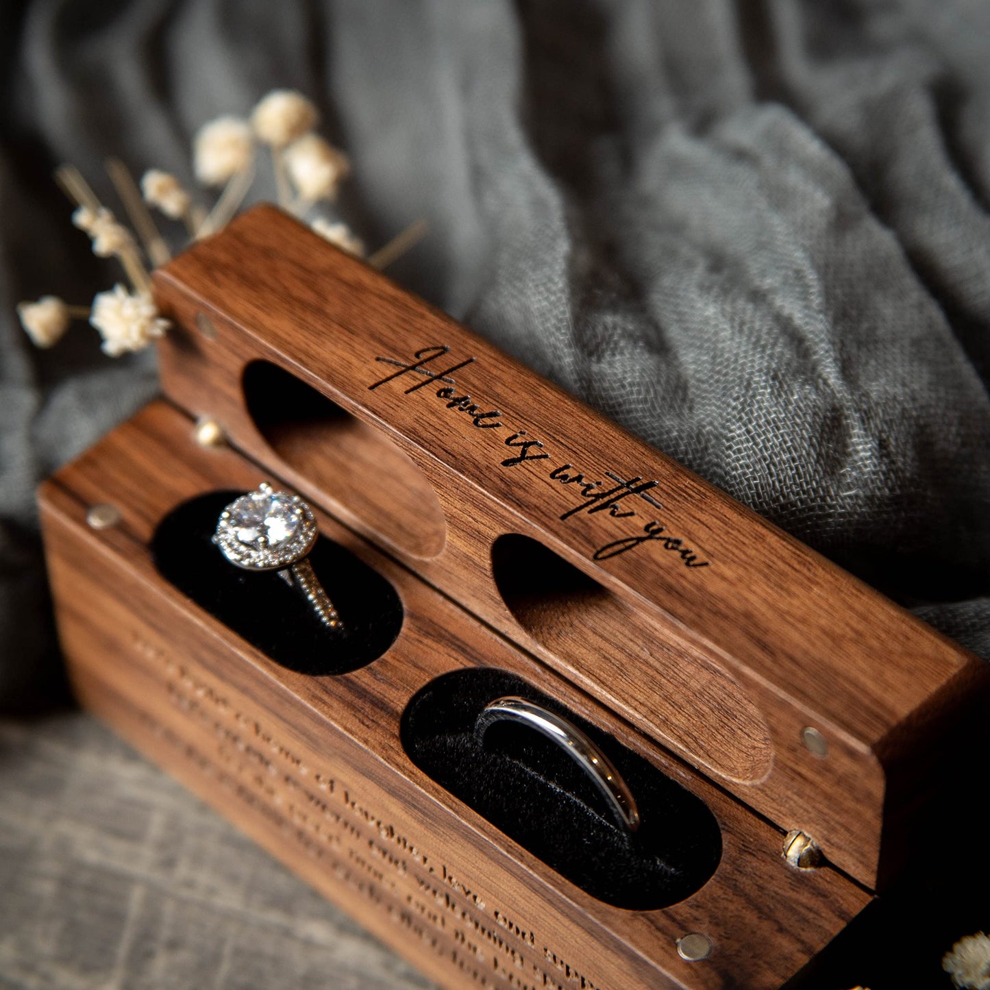 MUUJEE Double Ring Box - Engraved Slim Wooden Ring Case Box for Wedding Ceremony Engagement Proposal Ring Bearer Box - Anniversary Birthday Gift Ideas (Home Is With You)