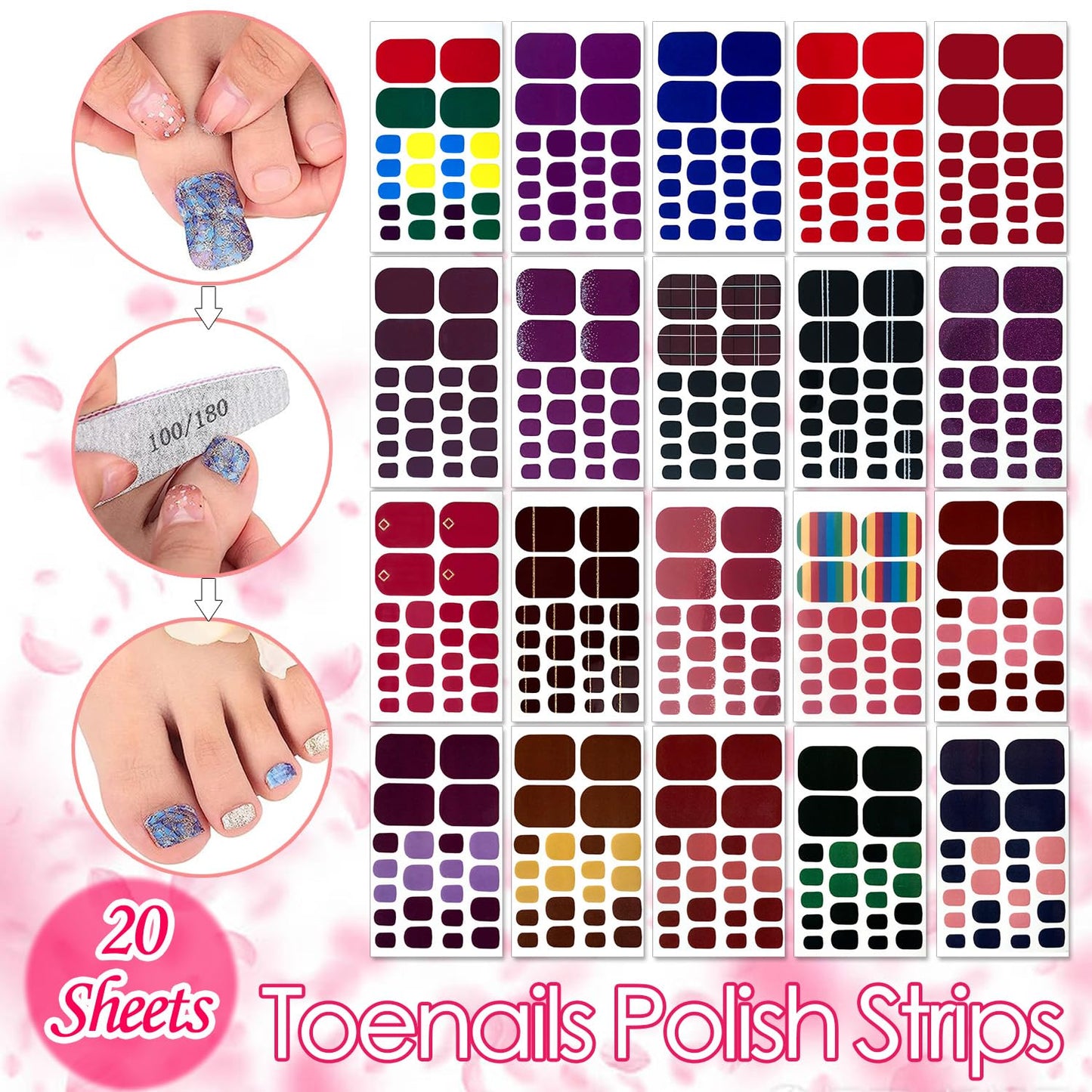 SILPECWEE 20 Sheets Toe Nail Stickers Full Nail Wraps for Women Solid Color Stick on Toenail Polish Strips Self-Adhesive Toe Stickers Polish Gel Nail Strips for Nail Art with 1pc Nail File