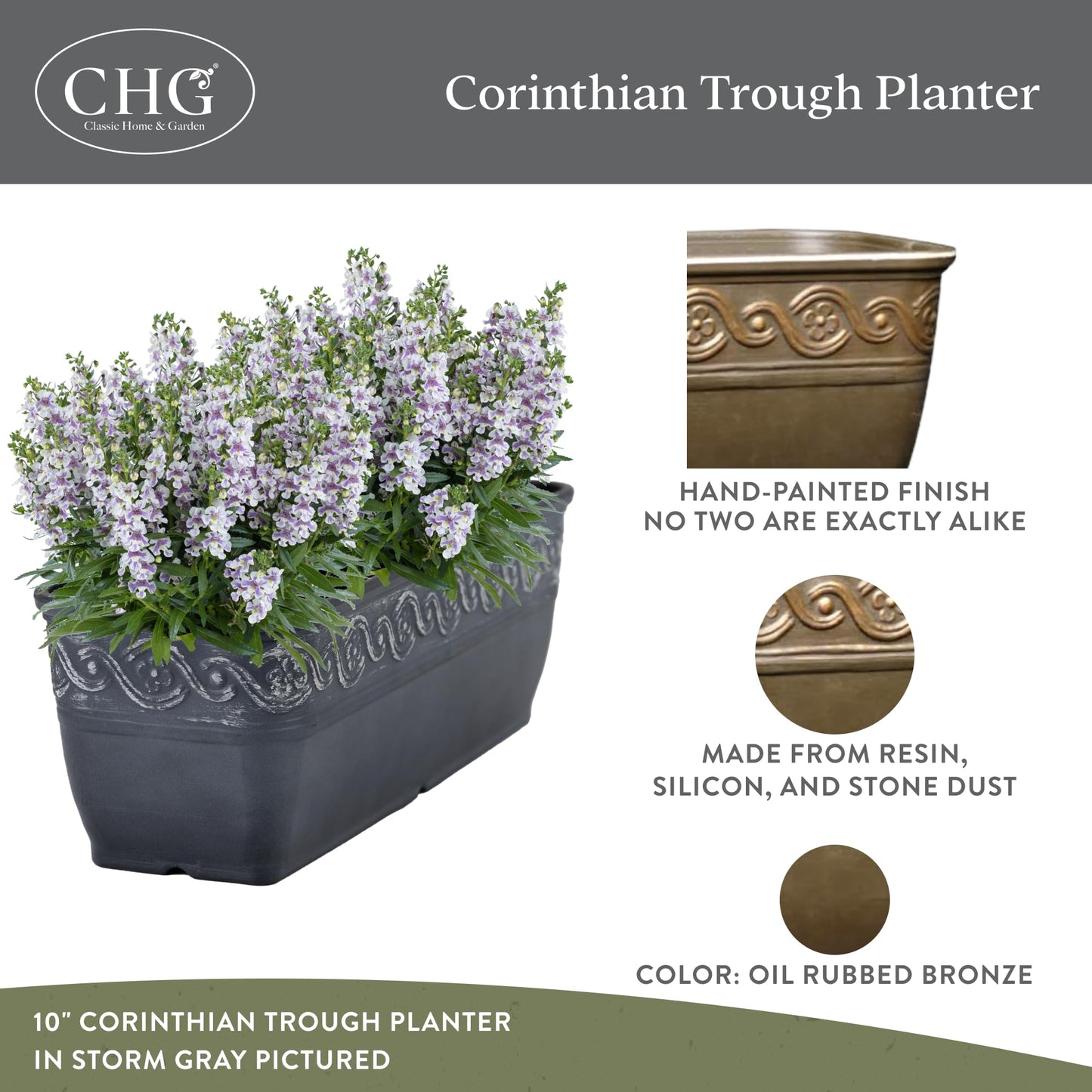 Classic Home and Garden Corinthian Trough Planter, 10", Bronze