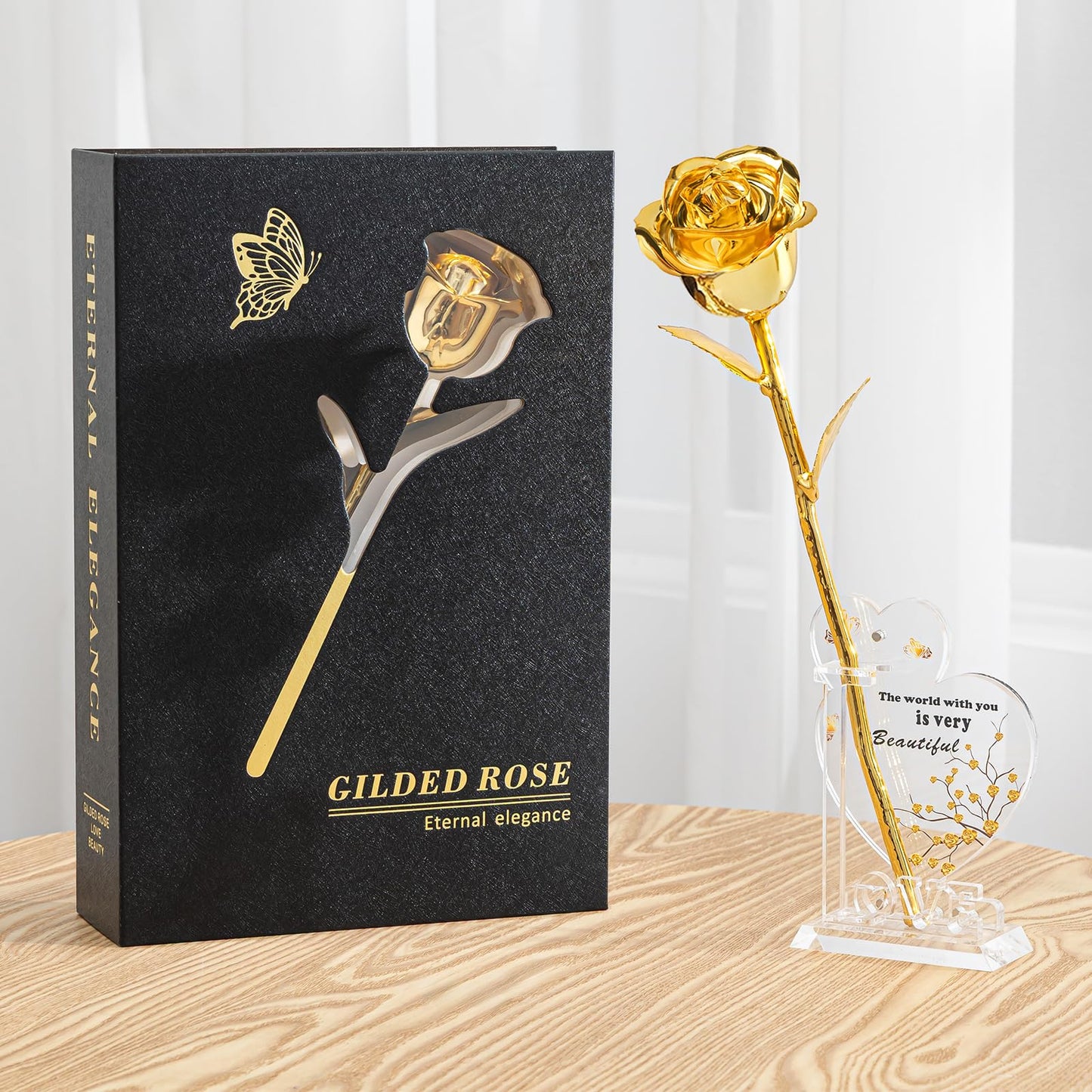 CIAPSK 24K Gold Dipped Rose Gift Set – Luxury Eternal Golden Rose with Interlocking Acrylic Butterfly Display Base & Premium Book-Style Gift Box – Romantic Anniversary & Birthday Gift for Her