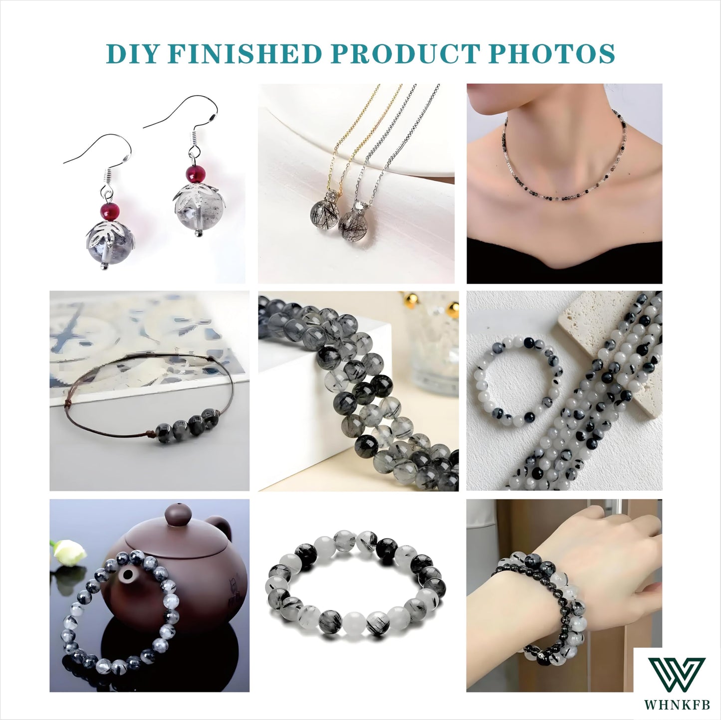 WHNKFB 8mm 50PCS Natural Black & White Mixed Rutilated Quartz Round Beads, Loose Crystal Beads for Jewelry Making Craft - 4mm 6mm 8mm 10mm Options with Free Elastic Cord