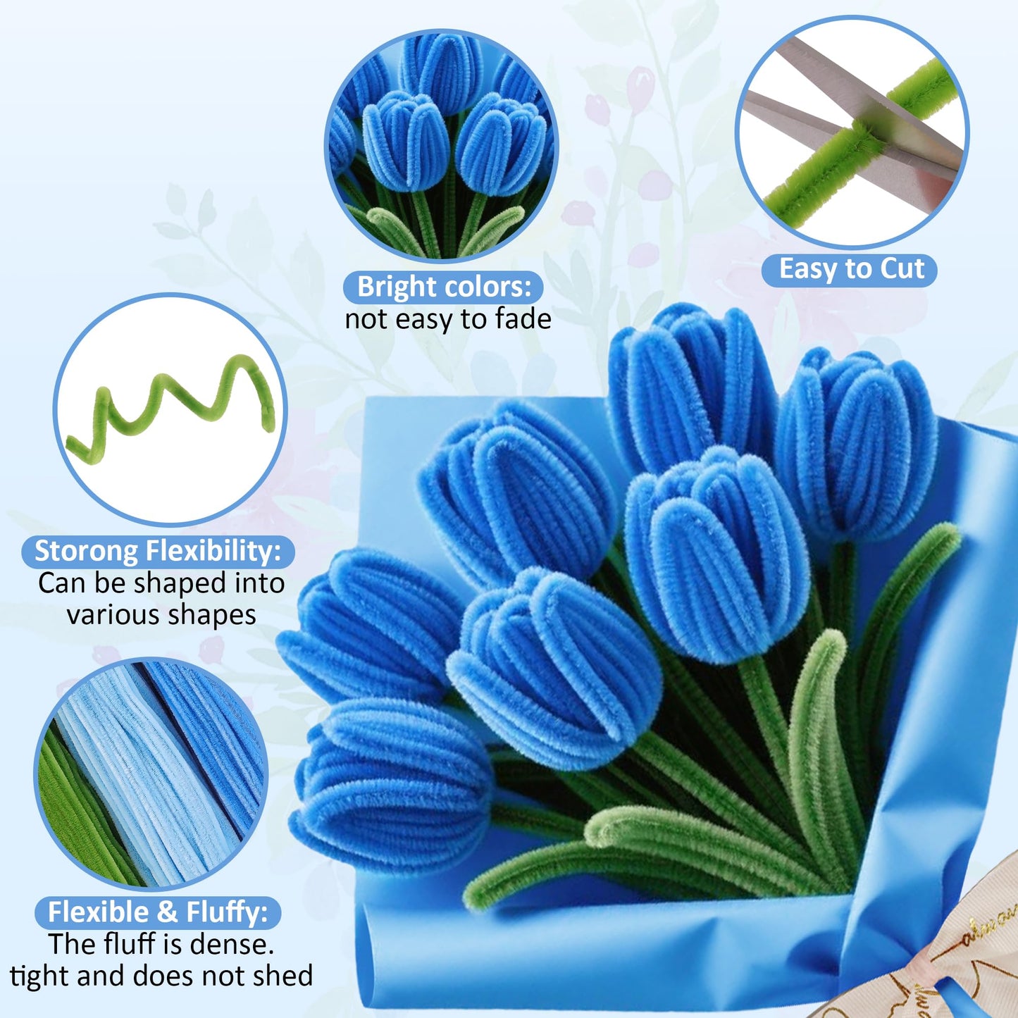 EARLY MINDS 500 Pcs Pipe Cleaners Craft Kit for Flower Making, DIY Bouquet Set with 8mm Chenille Stems, Step-by-Step Tutorial, Floral Wire, Ribbon & Tools for Handmade Gifts and Decor, Blue