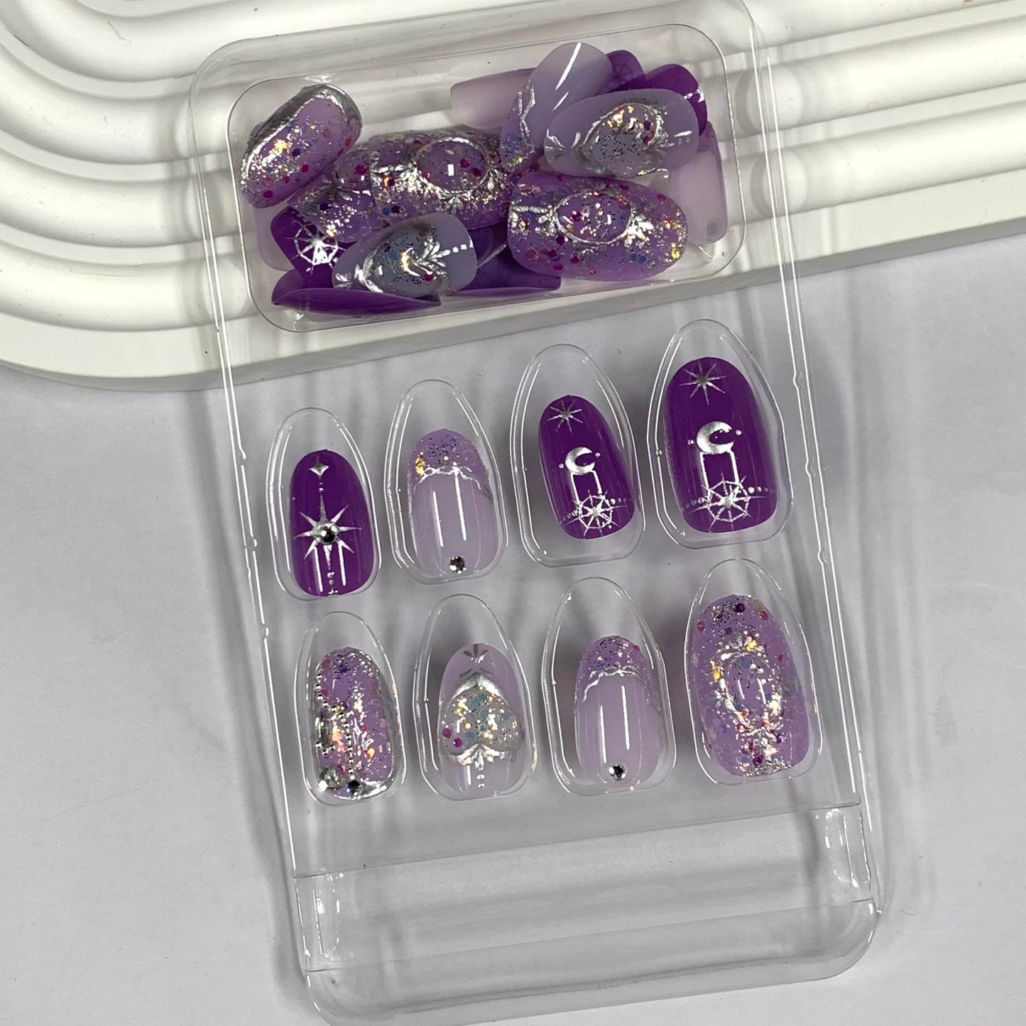 BABALAL Short Round Press on Nails - Purple Fake Nails, Glitter Shiny Design, Heart Moon Star Cute, Y2k Glossy Acrylic False Nails with Charm