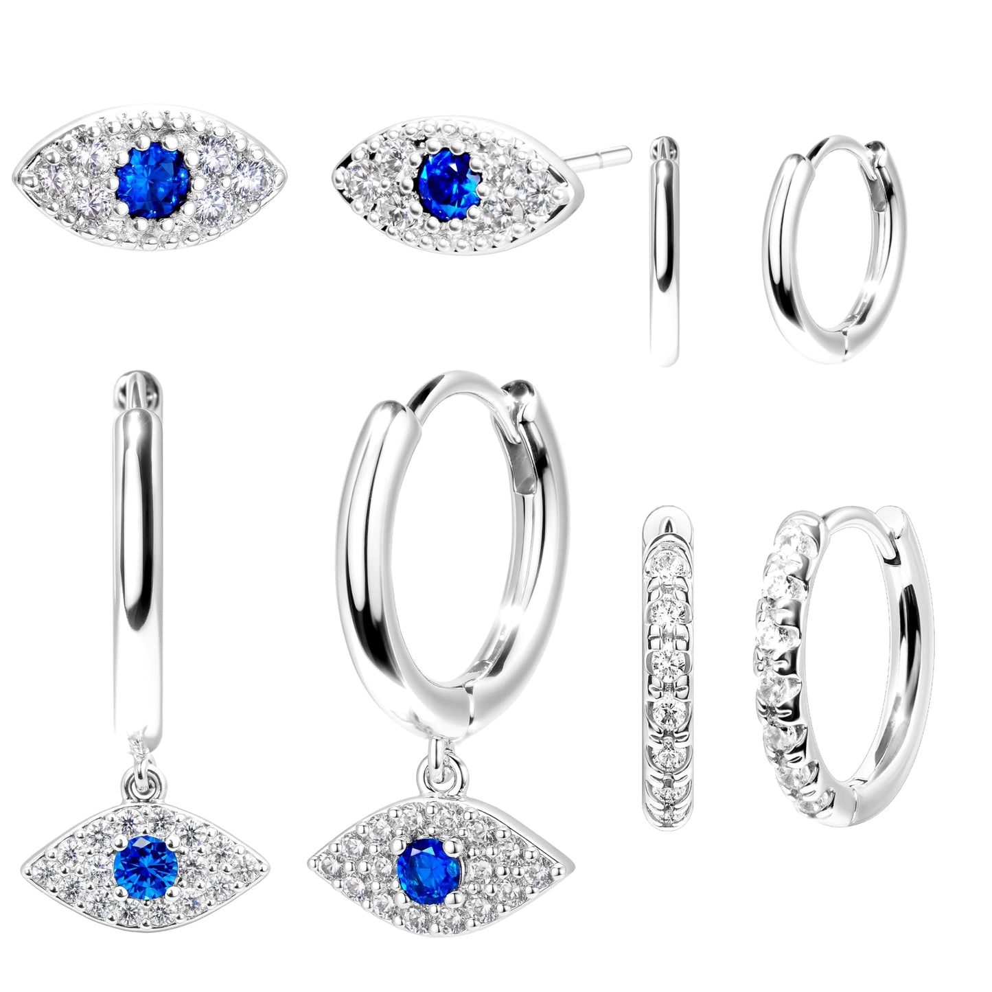 Evil Eye Earrings Set for Women, Silver Evil Eye Dangle Stud Hoop Earring Set for Multiple Piercing, Dainty Earrings for Everyday Wear Protection Jewelry