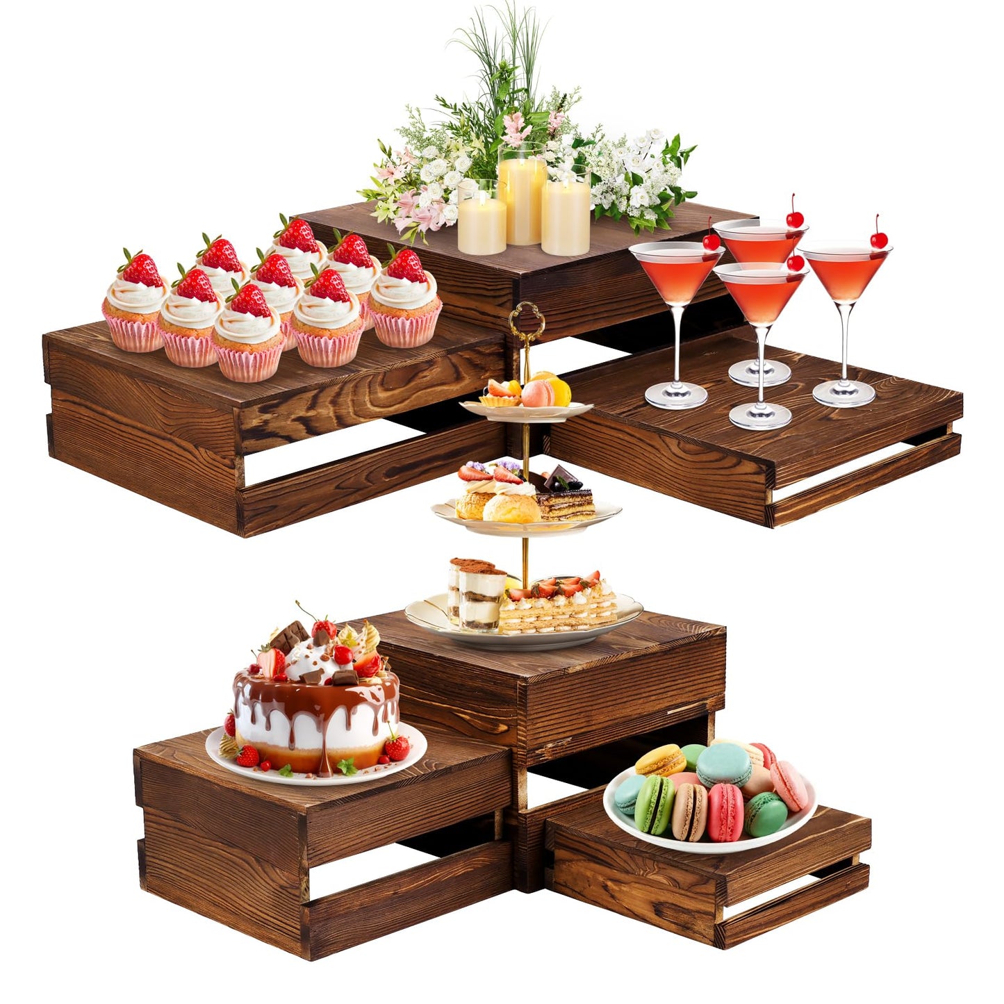 LEIFEOSH 6 Pack Wooden Crates for Display Wooden Risers Square Food Risers for Buffet Party Rustic Wood Cake & Cupcake Stands
