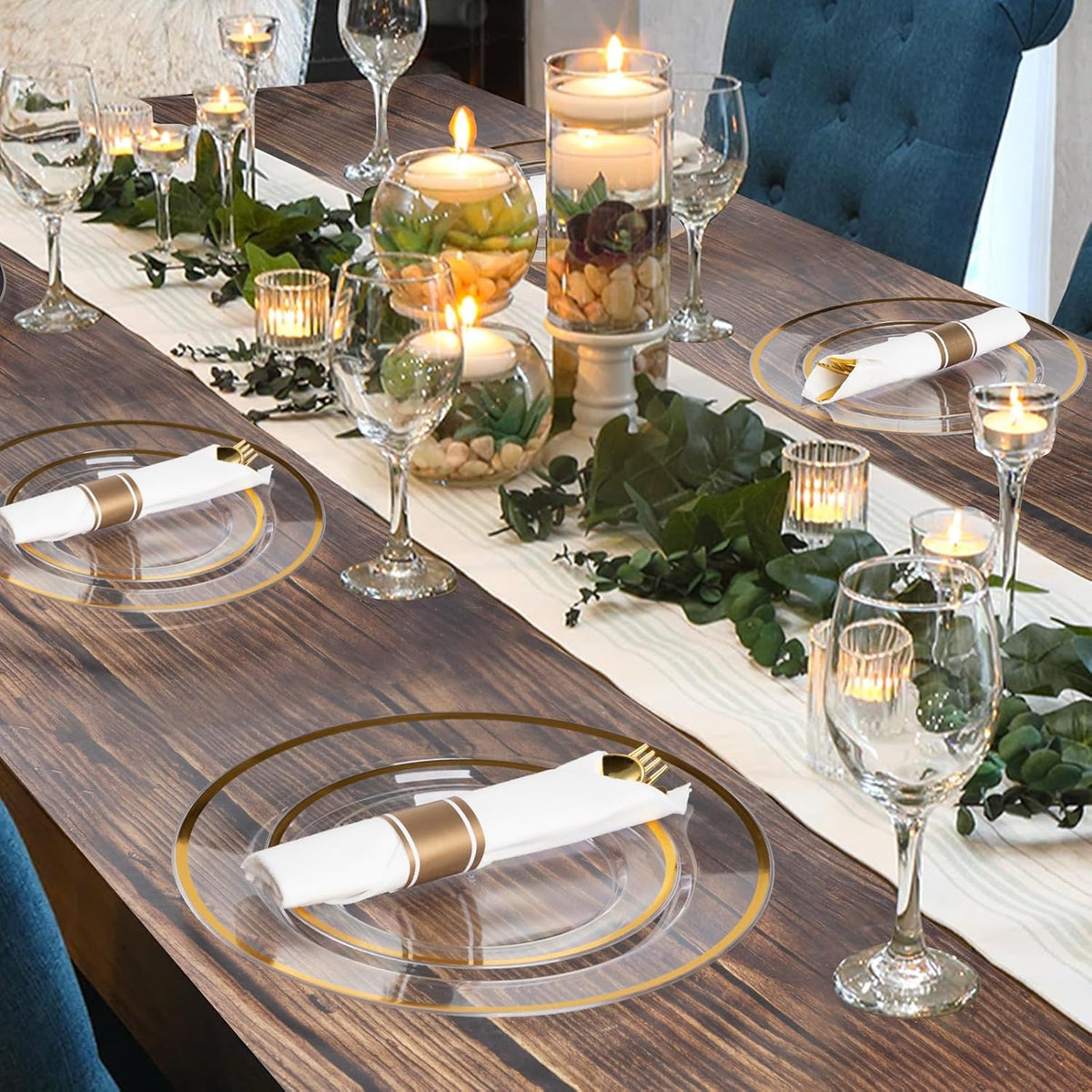 Goodluck 350 Piece Gold Plastic Dinnerware Set for Party, Clear Disposable Plates for 50 Guests, Include: 50 Dinner Plastic Plates, 50 Dessert Plates, 50 Pre Rolled Napkins with Cutlery Set, 50 Cups