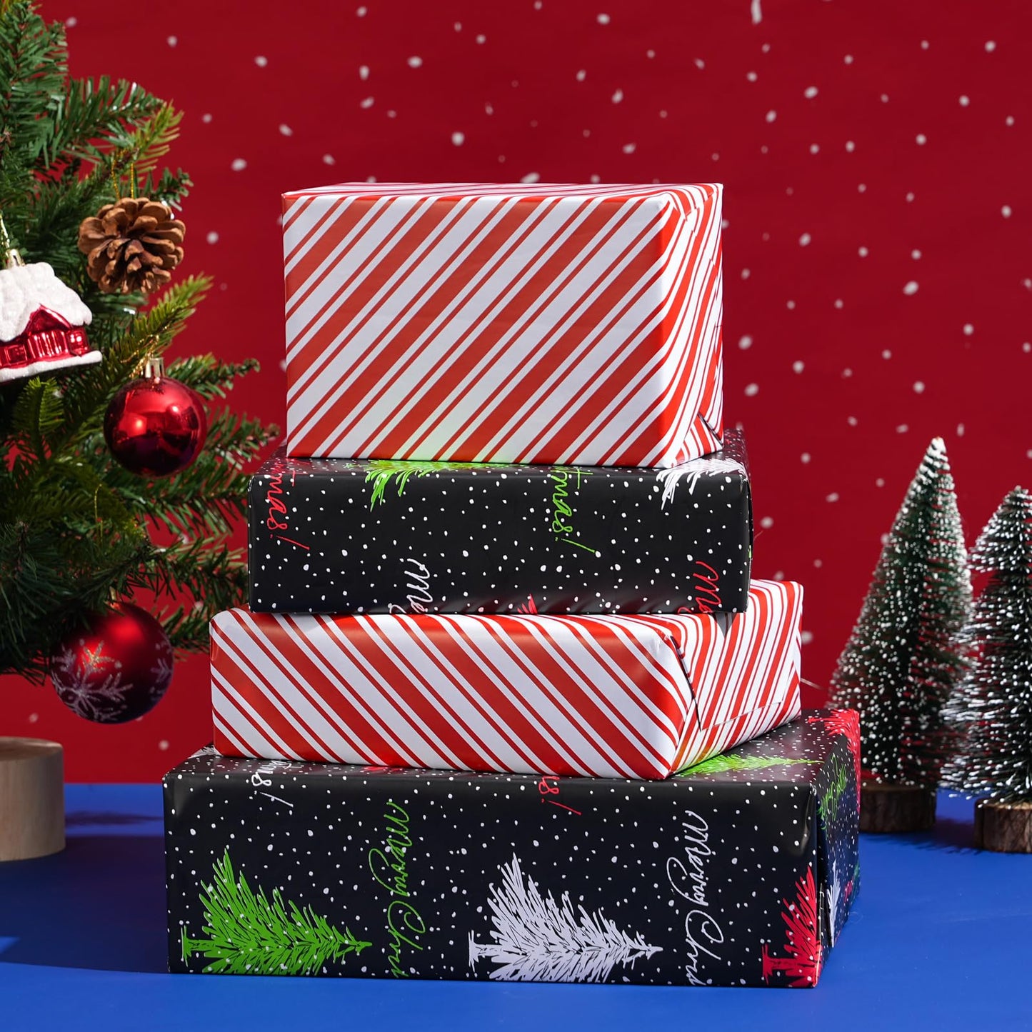ZINTBIAL Christmas Tree Reversible Wrapping Paper Roll - Gift Wrap with Red & White Stripes on Reverse - Perfect for Holidays, Birthdays, and Halloween - 17.5 in x 33 ft (48 sq. ft)