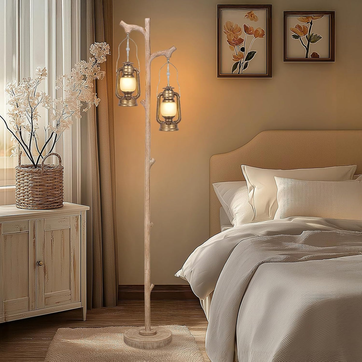 Scenekoy Vintage 68” Tall Floor Lamp with Lanterns, Retro Standing Lamp Tree Trunk Finish & Resin Body, Rustic Dimmable Corner Lamp Stand Up Light with Bulb Prefer for Living Room Bedroom Home Decor