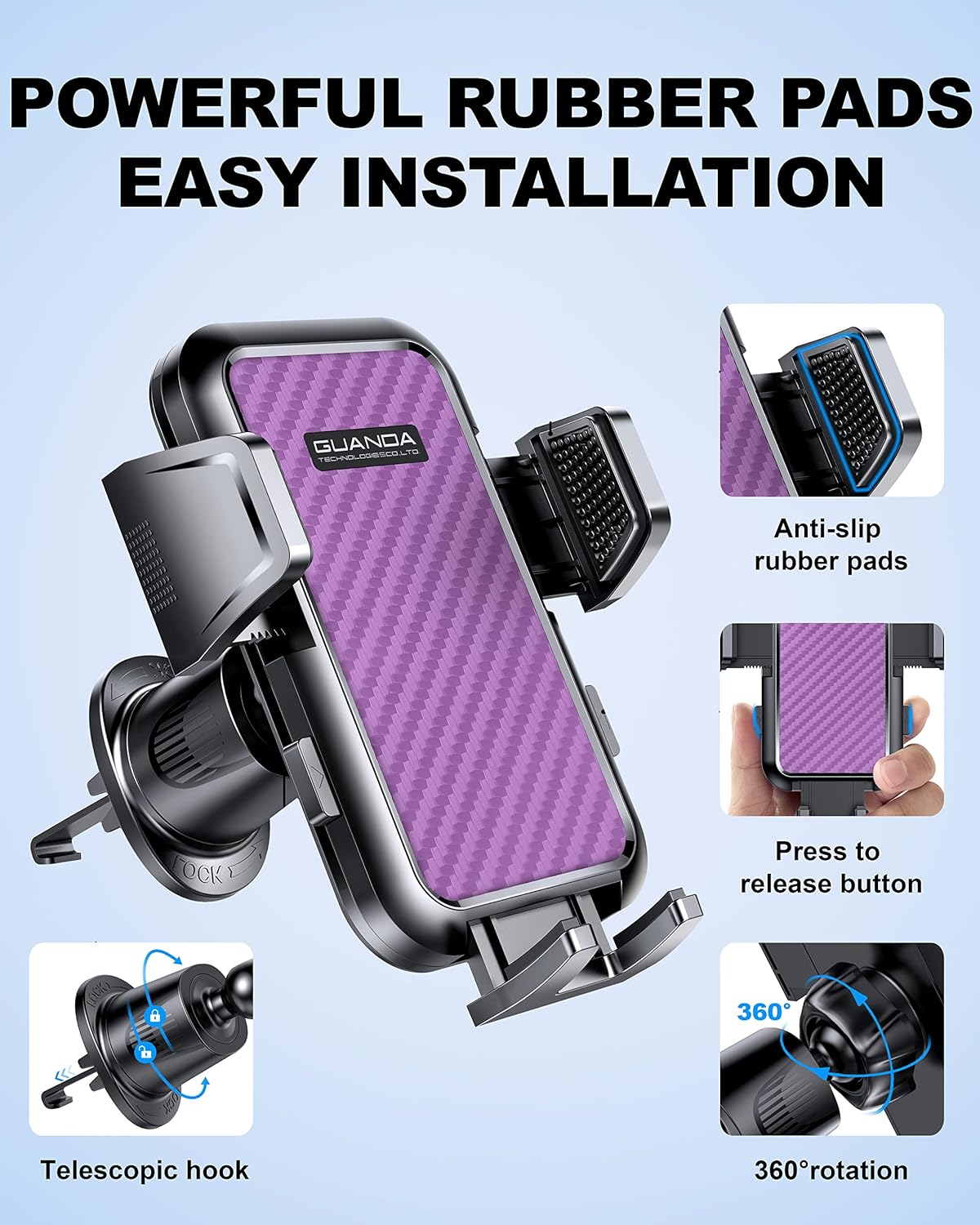 Car Phone Holder Mount for Air Vent, [Never Shake Hook Clip] 360° Adjustable Vent Clip, Compatible with Big Phones,Thick Cases, Phone Holders for Your Car–Fits iPhone, Samsung and Android