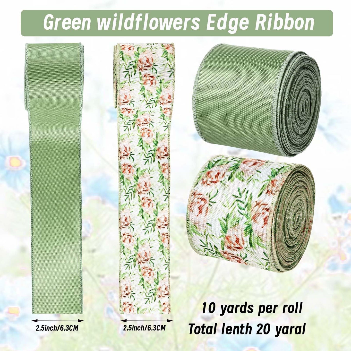 2 Roll 20 Yards Sage Green Floral Wired Edge Ribbon Watercolor Greenery Floral Fabric Ribbon for Spring Summer Wreath Bow Making DIY Crafts Wrapping Party.