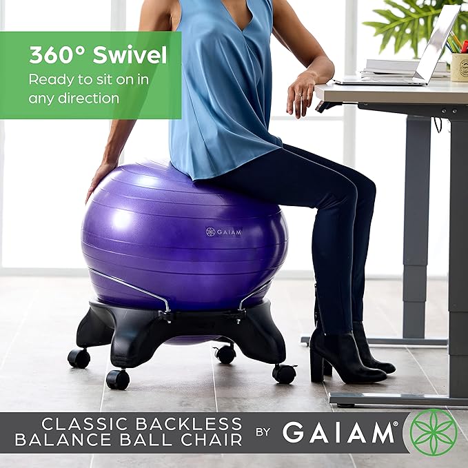 Gaiam Classic Backless Balance Ball Chair – Exercise Stability Yoga Ball Premium Ergonomic Chair for Home and Office Desk with Air Pump, Exercise Guide and Satisfaction Guarantee