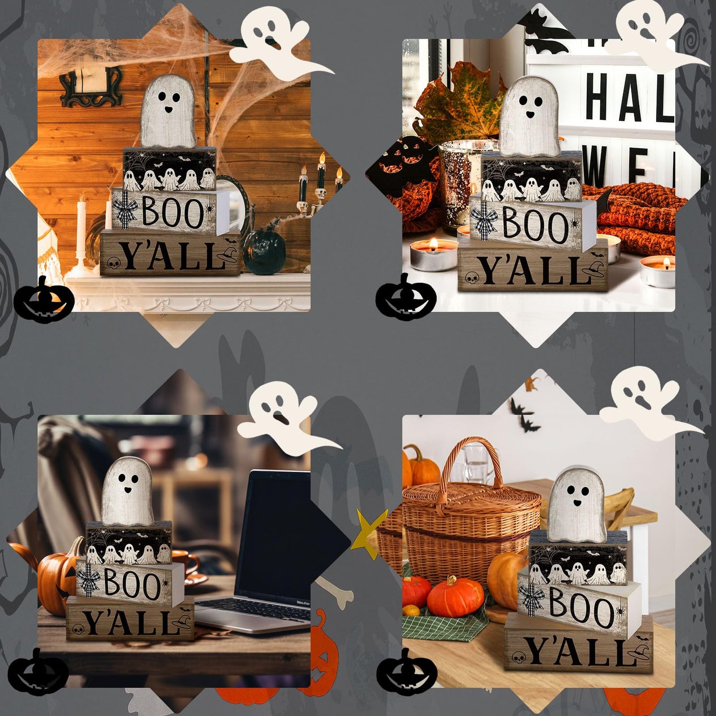 Lineshading 4 Pcs Halloween Table Decoration Wooden Ghost Tiered Tray Decoration Rustic Wood Ghost Block Signs Gift Halloween Centerpiece Farmhouse for Home Tabletop Kitchen Shelf