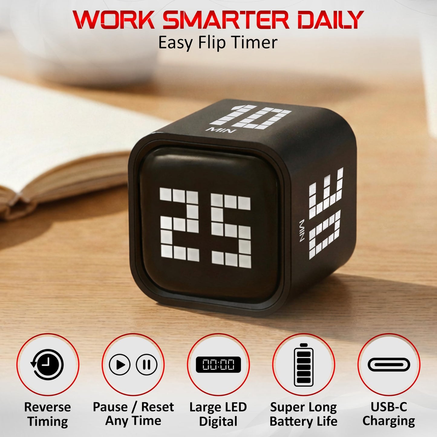 Digital Pomodoro Timer Cube, Rechargeable Type-C Productivity Countdown Clock for Study, ADHD, Kids, Kitchen, 5, 10, 30, 60 Minutes Presets with Volume Control, Black