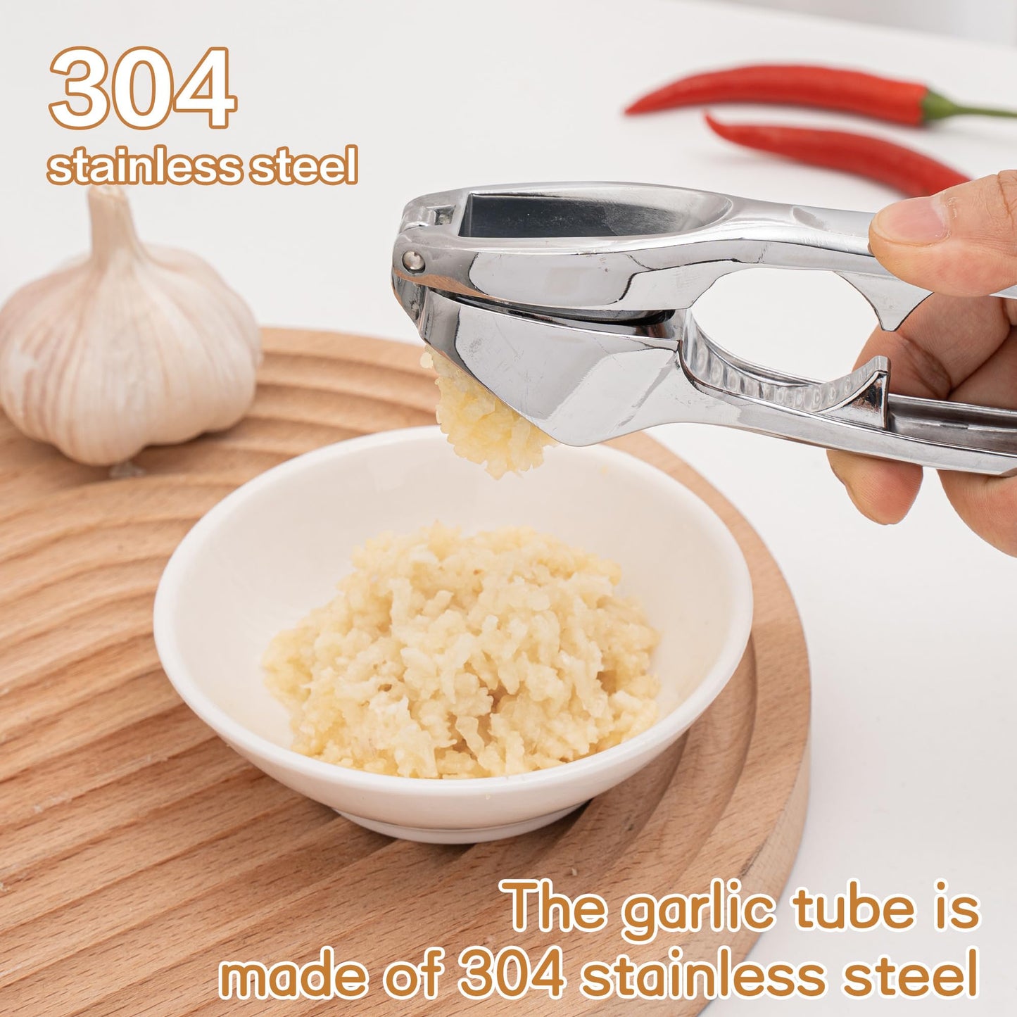 Huakai Kitchen Premium Garlic Press - Zinc Alloy Garlic Press effortlessly crushes garlic cloves, ginger chunks, nuts, and seeds. Comfortable to use and dishwasher safe.