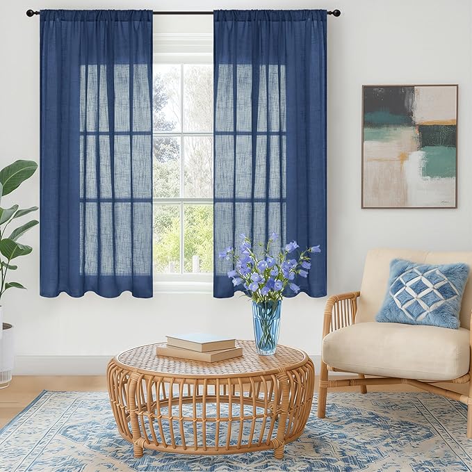 BGment Navy Blue Linen Curtains 48 Inch Length for Windows, Semi Sheer Drapes Light Filtering for Short Bedroom Living Room Bathroom Decor Lightweight with Rod Pocket, 2 Panels Set, Each 42 Inch Wide