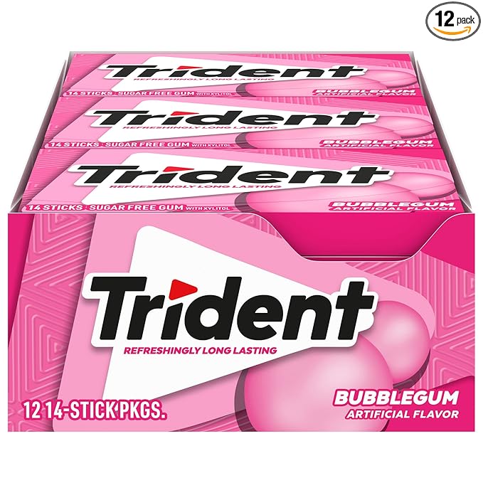 Trident Bubblegum Sugar-Free Chewing Gum, 12 Packs of 14 Pieces (168 Total Pieces)