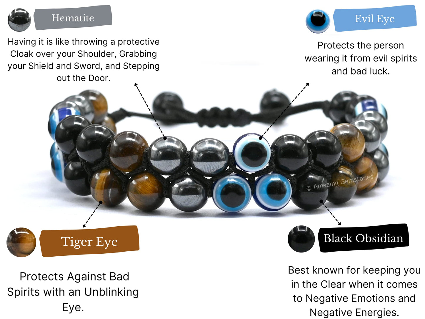Amazing Gemstone Evil Eye Ultimate Protection Bracelet - Multi Triple Protection Bracelet unisex - Hematite, Tiger Eye, Black Obsidian Bracelet Set Healing Stones Pulseras Para Hombres Mujer