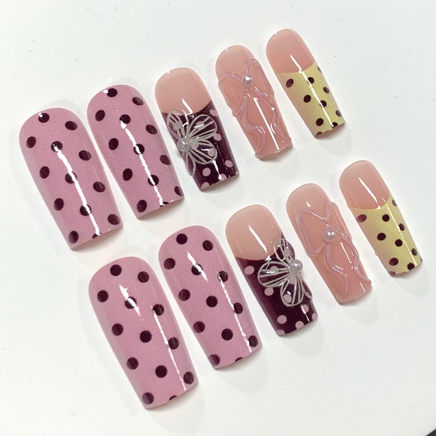 BABALAL Press on Nails, Long Square Fake Nails, Pink Yellow Summer, Polka Dot & Flower Design, Glossy Full Cover False Nails 24Pcs